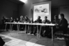 Abschlussdiskussion: von lks. nach rechts: Gerhard Johann Lischka, Jean-Luc Evard, Lucy Hillebrand, Jochen Lingnau, Florian Rötzer, Dietmar Kamper, Torsten Meiffert, Vito Orazem, Michael Mohnhaupt (Berlin am 30.09.1989)