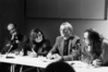 Podiumsdikussion, Symposion Bildmaschinen und Erfahrung, Berlin 1989. Jean-Luc Evard, Lucy Hillebrand, Jochen Lingnau und Florian Rötzer (von links nach rechts). Foto: Jan Victor Wiktor 